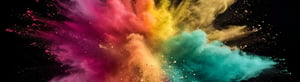 A vibrant explosion of colorful powder particles radiates outward
