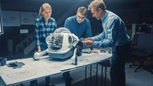 3 enginers are checking the robot, Common startup mistake: over-engineering in early design 