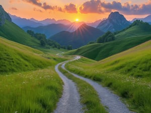 Chemin de terre à travers les collines verdoyantes au coucher du soleil : un chemin de terre sinueux qui traverse des collines verdoyantes et luxuriantes